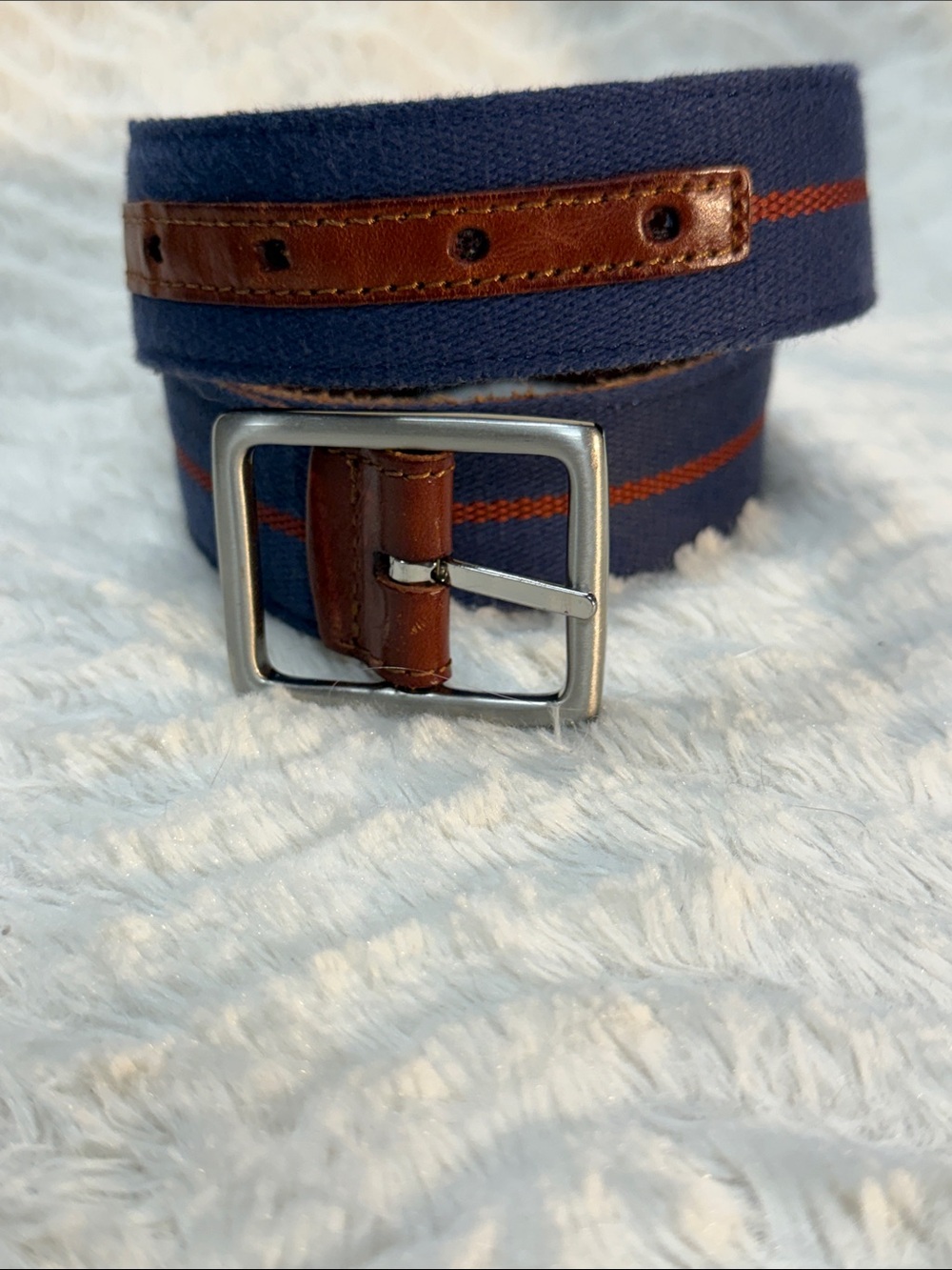 Reversible Men’s Brown Leather & Navy Fabric Belt with Silver Buckle Size 30